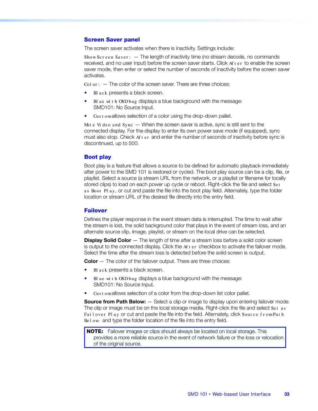 Extron electronic SMD 101 manual Screen Saver panel, Boot play, Failover 