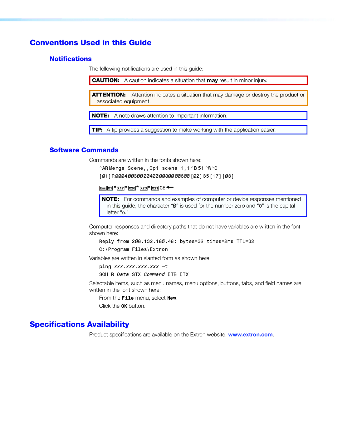 Extron electronic SMD 101 Conventions Used in this Guide, Specifications Availability, Notifications, Software Commands 