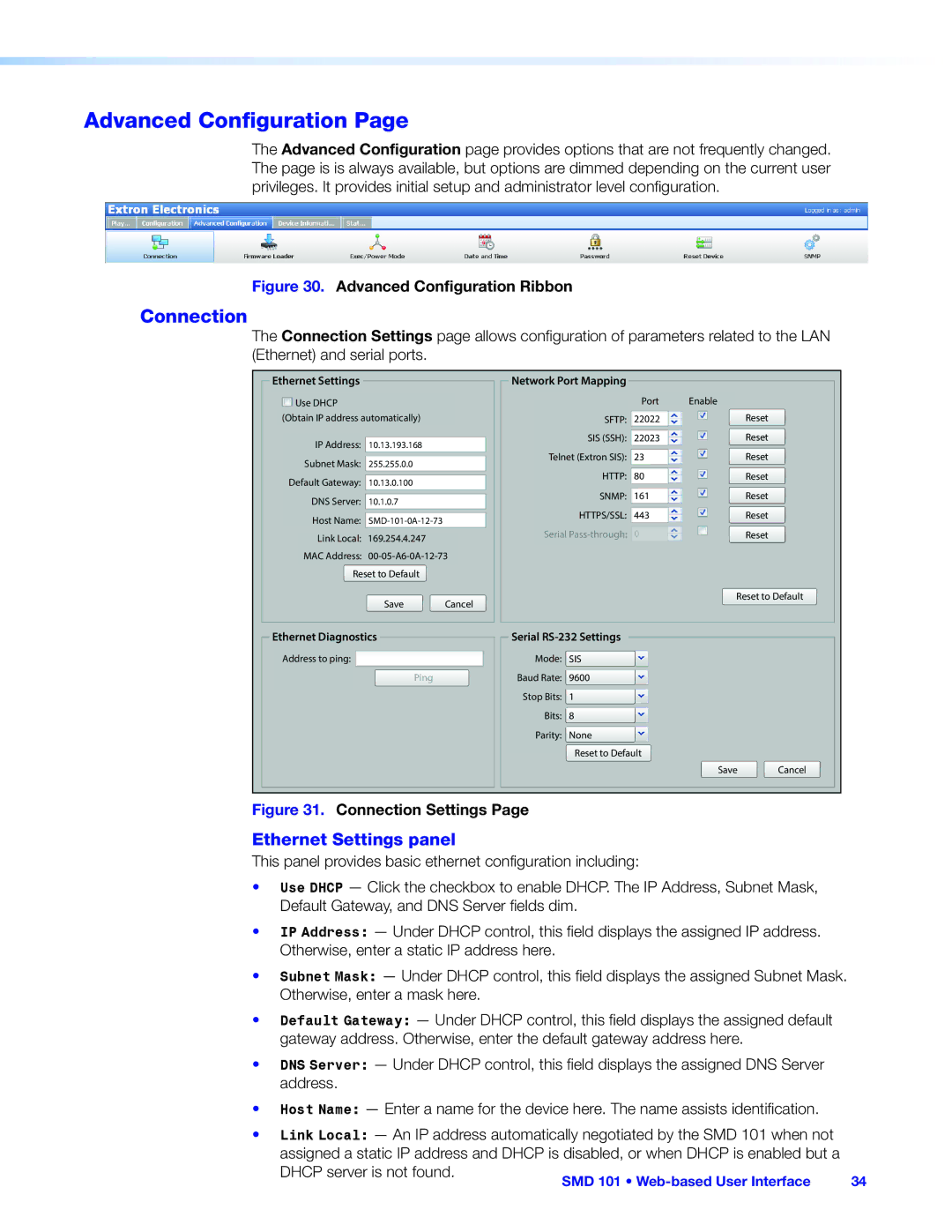 Extron electronic SMD 101 manual Advanced Configuration, Connection, Ethernet Settings panel 