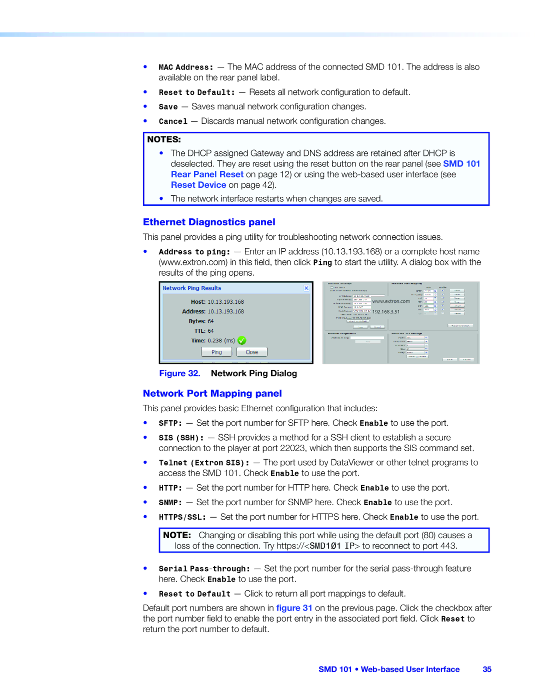 Extron electronic SMD 101 manual Ethernet Diagnostics panel, Network Port Mapping panel 