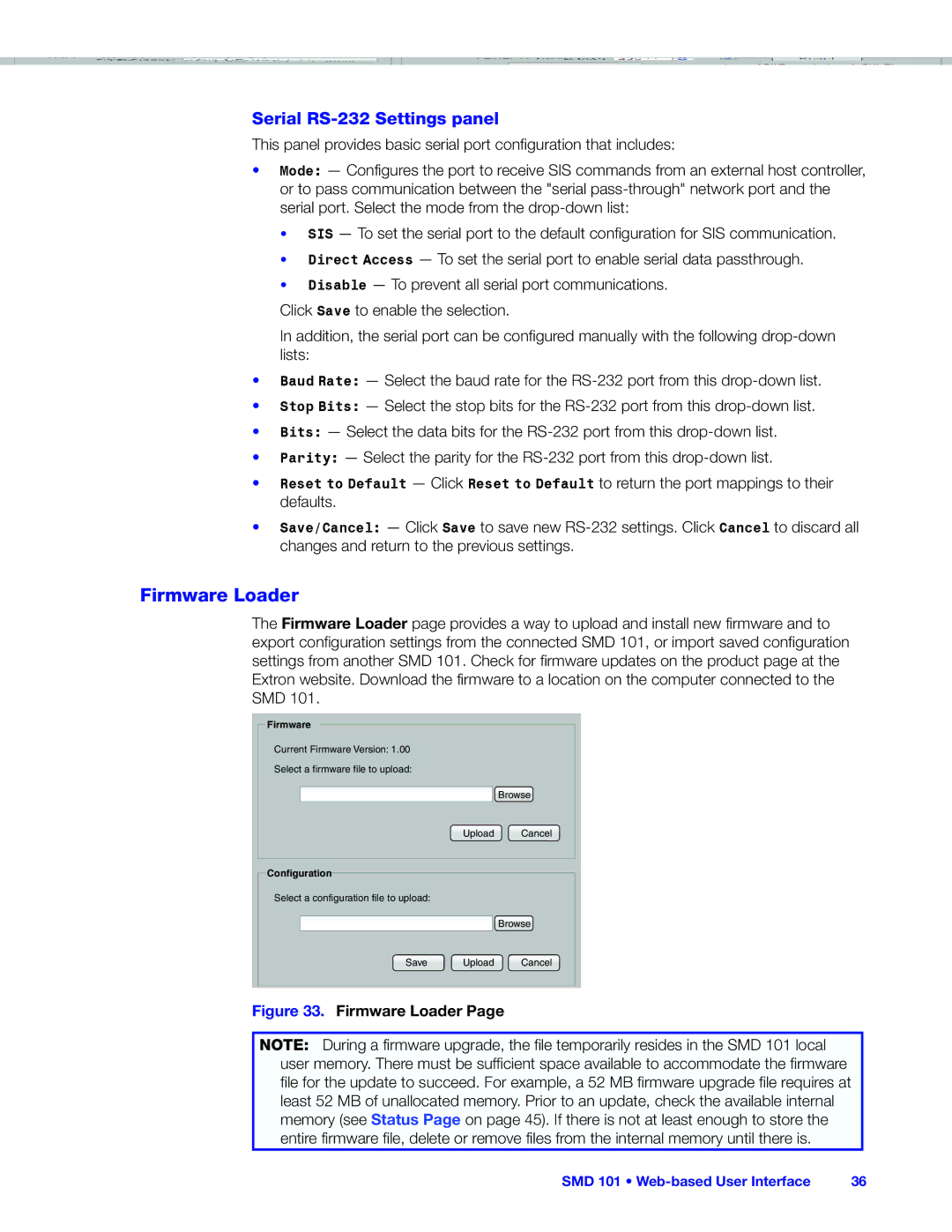 Extron electronic SMD 101 manual Firmware Loader, Serial RS-232 Settings panel 