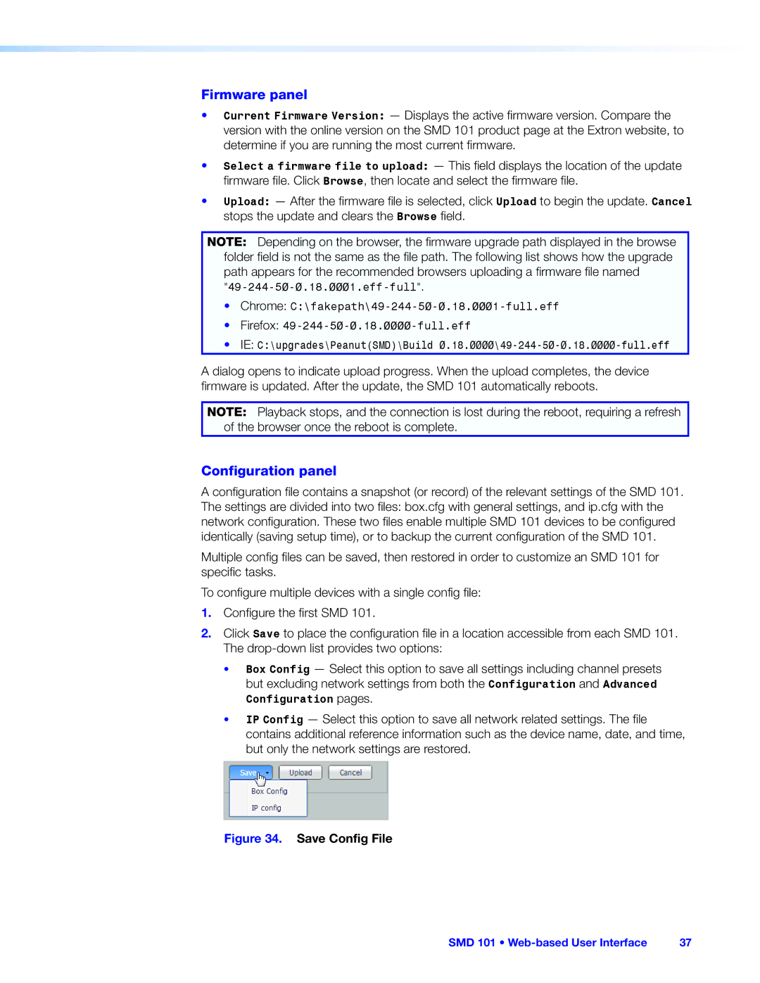 Extron electronic SMD 101 manual Firmware panel, Configuration panel 