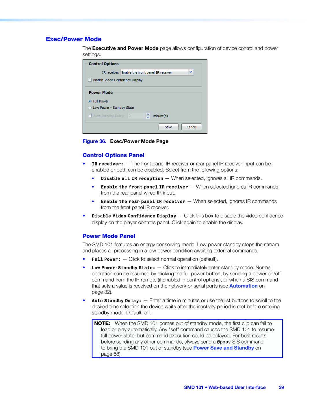 Extron electronic SMD 101 manual Exec/Power Mode, Control Options Panel, Power Mode Panel 