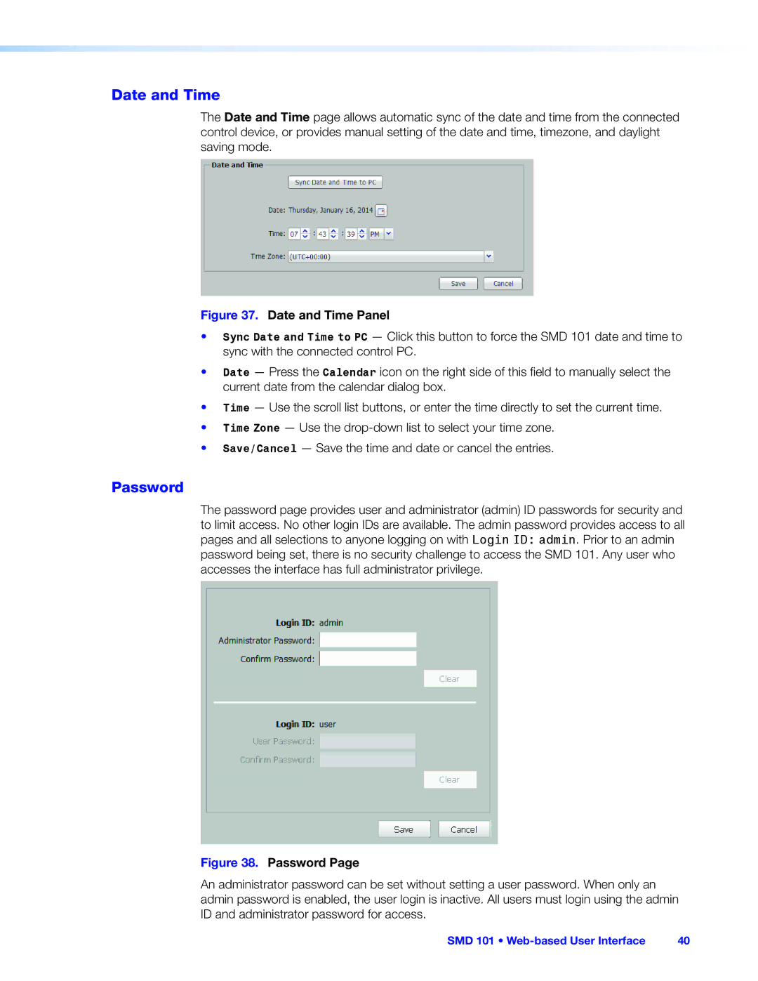 Extron electronic SMD 101 manual Date and Time, Password 