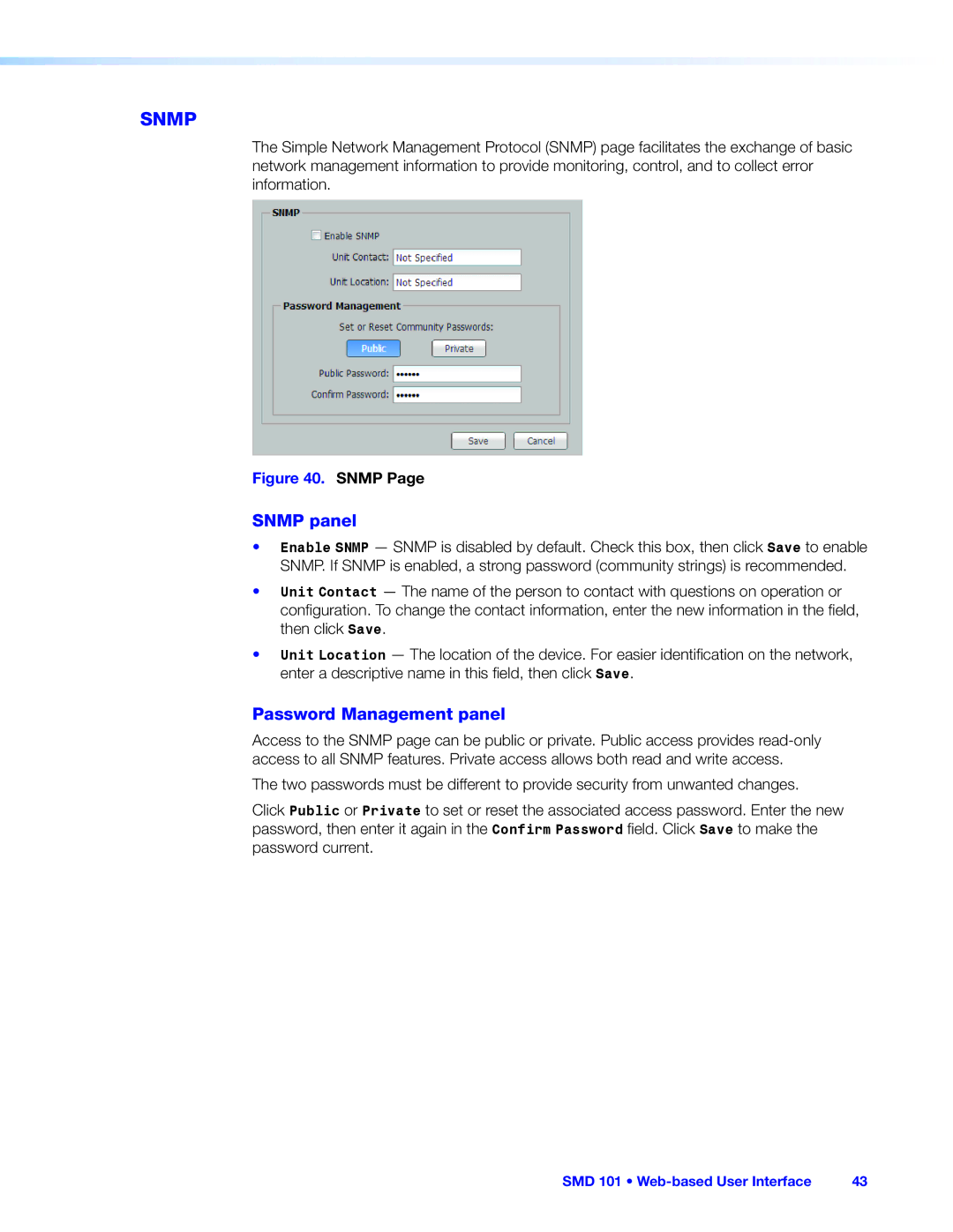 Extron electronic SMD 101 manual Snmp panel, Password Management panel 