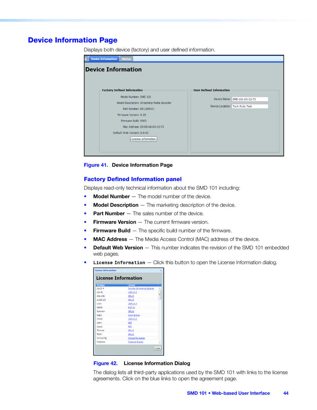 Extron electronic SMD 101 manual Device Information, Factory Defined Information panel 