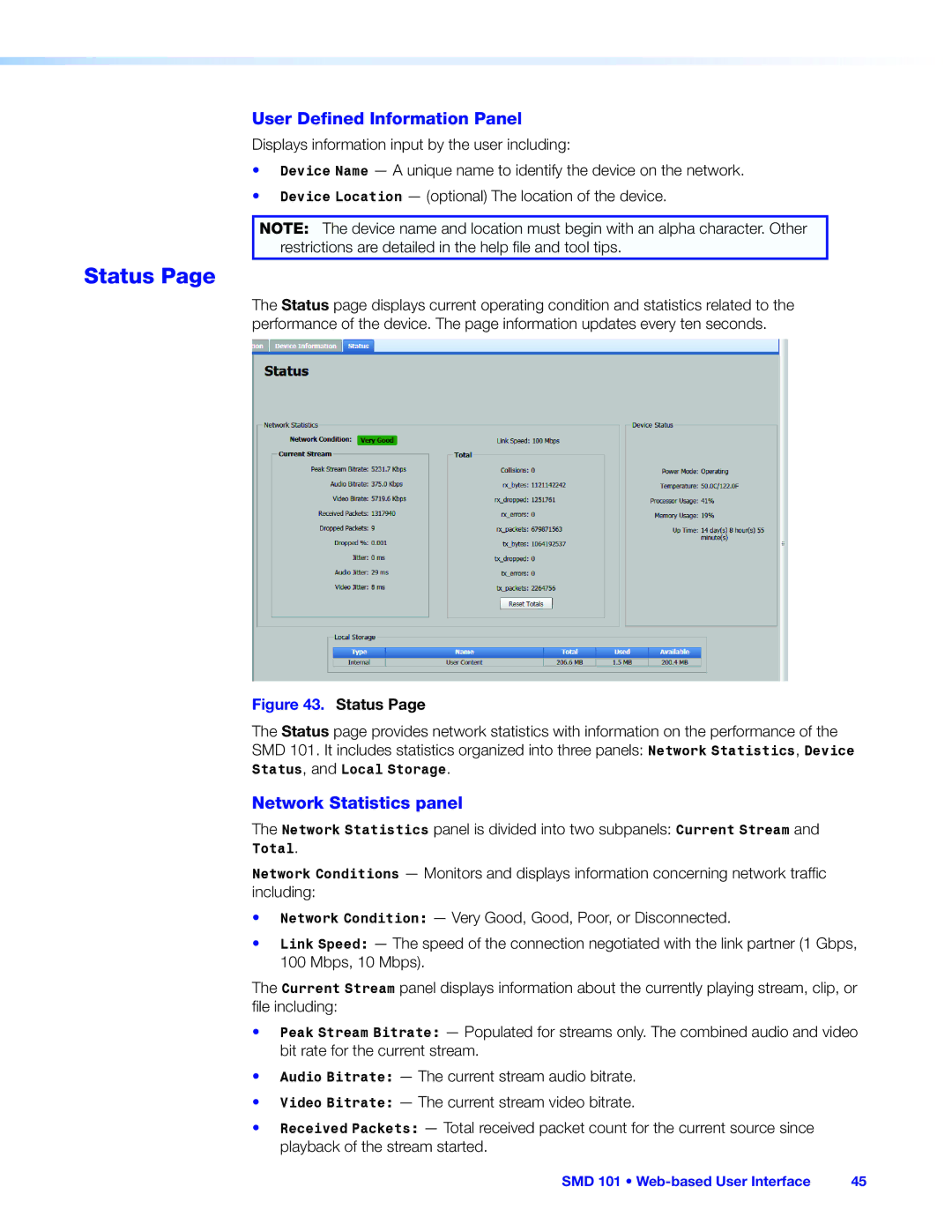 Extron electronic SMD 101 manual Status, User Defined Information Panel, Network Statistics panel 