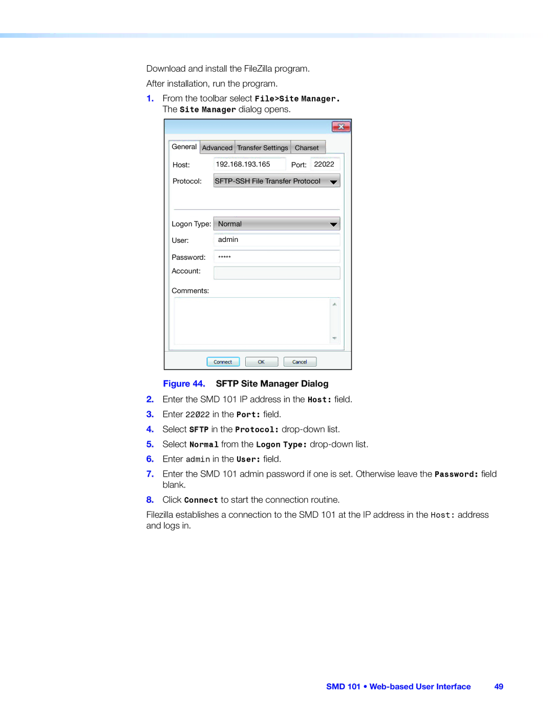 Extron electronic SMD 101 manual Sftp Site Manager Dialog 