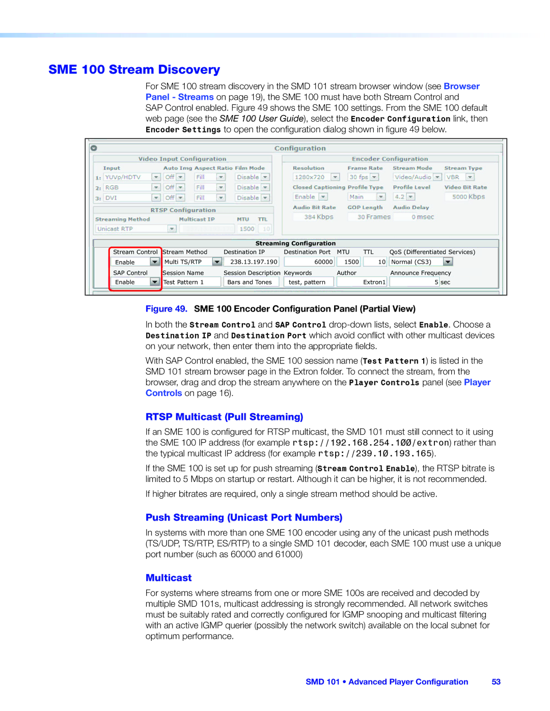 Extron electronic SMD 101 SME 100 Stream Discovery, Rtsp Multicast Pull Streaming, Push Streaming Unicast Port Numbers 