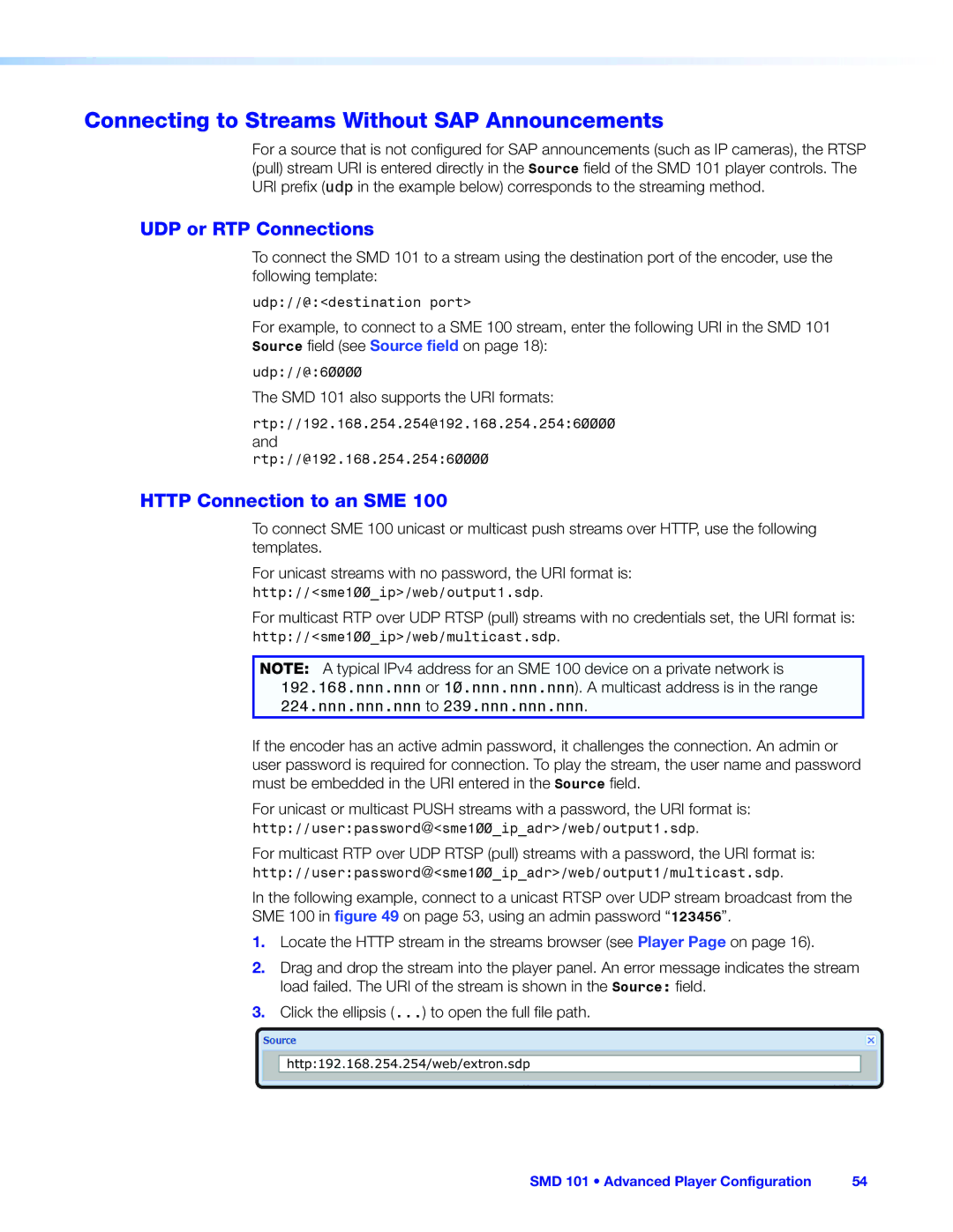 Extron electronic SMD 101 manual Connecting to Streams Without SAP Announcements, UDP or RTP Connections 