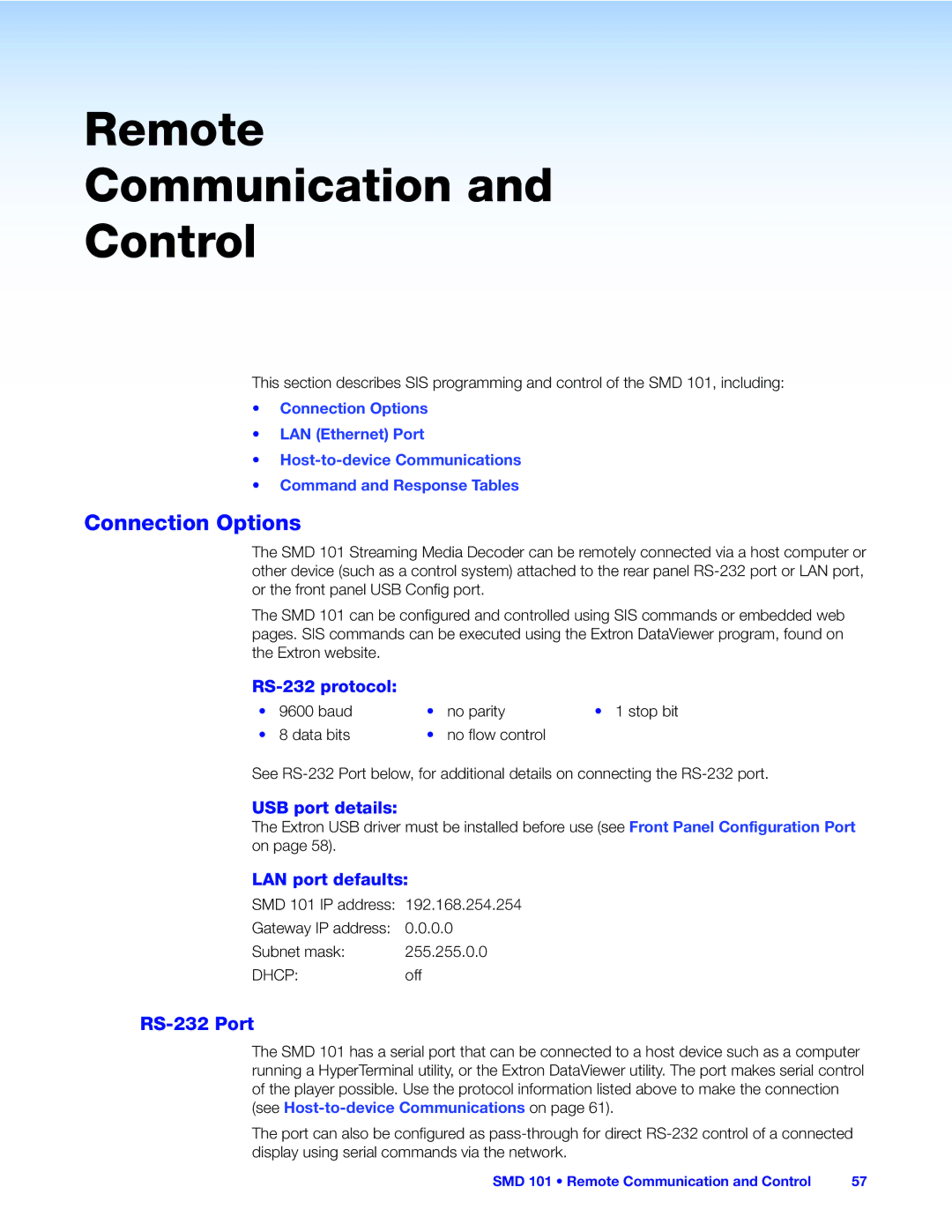 Extron electronic SMD 101 manual Connection Options, RS-232 Port, RS-232 protocol, USB port details, LAN port defaults 