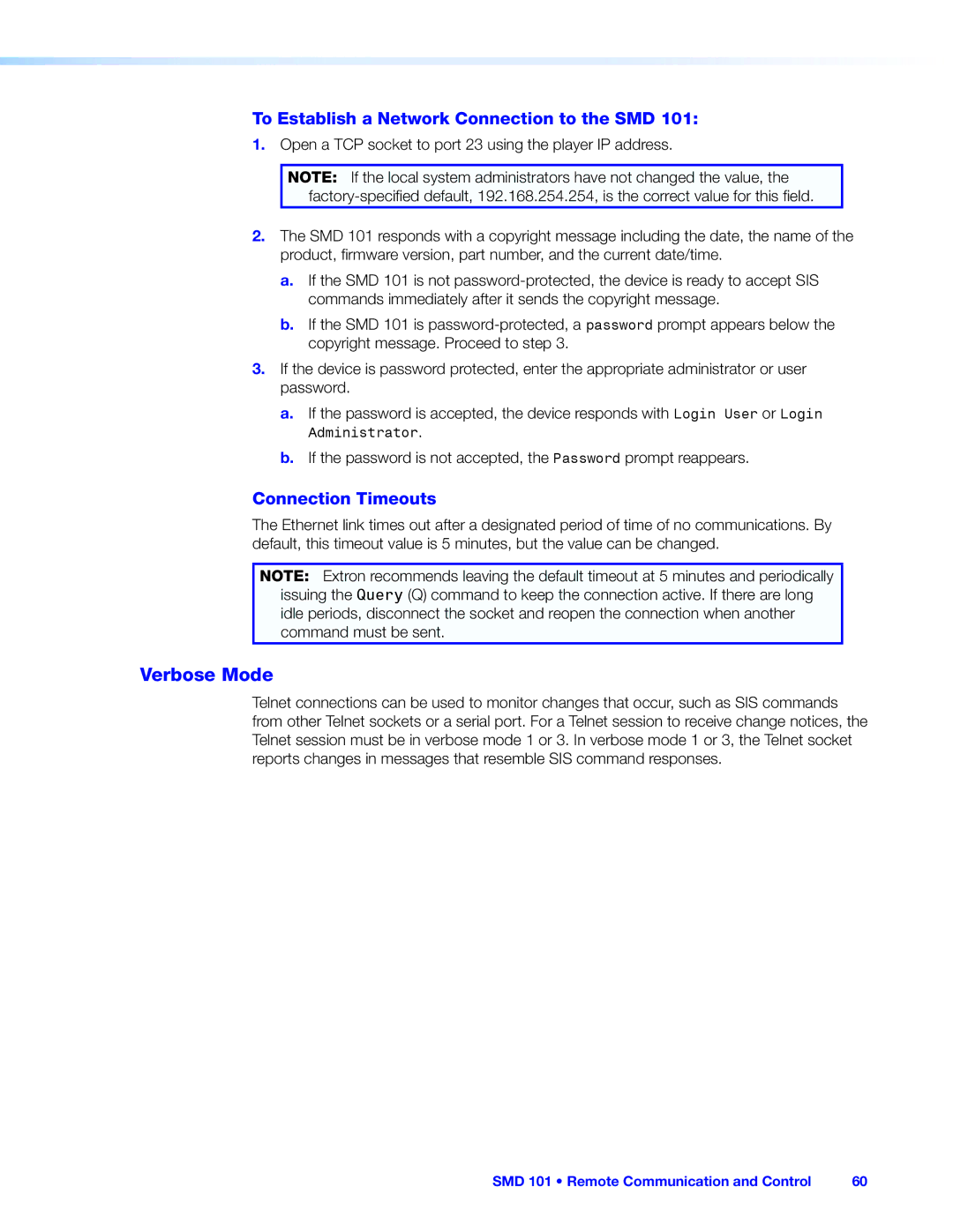 Extron electronic SMD 101 manual Verbose Mode, To Establish a Network Connection to the SMD, Connection Timeouts 