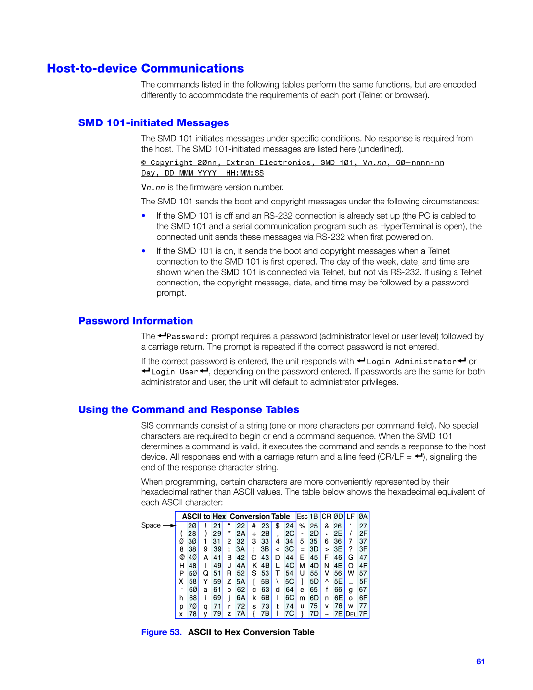 Extron electronic manual Host-to-device Communications, SMD 101-initiated Messages, Password Information 