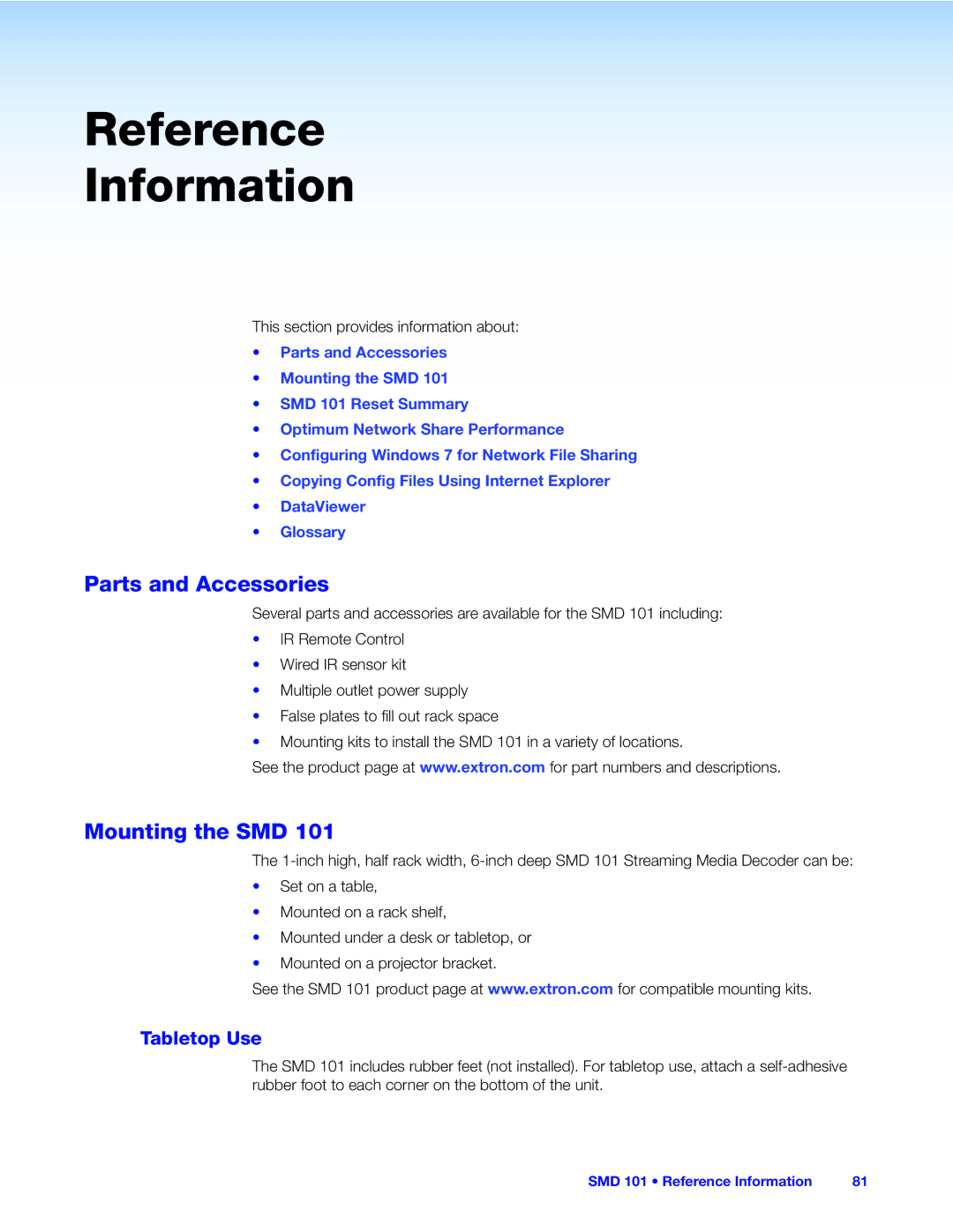 Extron electronic SMD 101 manual Parts and Accessories, Mounting the SMD, Tabletop Use 