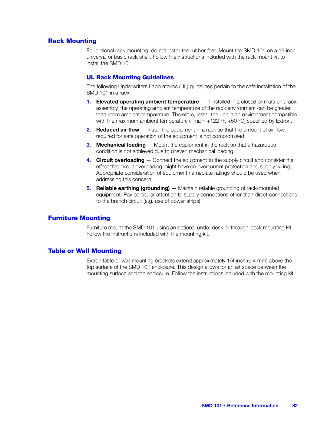 Extron electronic SMD 101 manual Furniture Mounting, Table or Wall Mounting, UL Rack Mounting Guidelines 