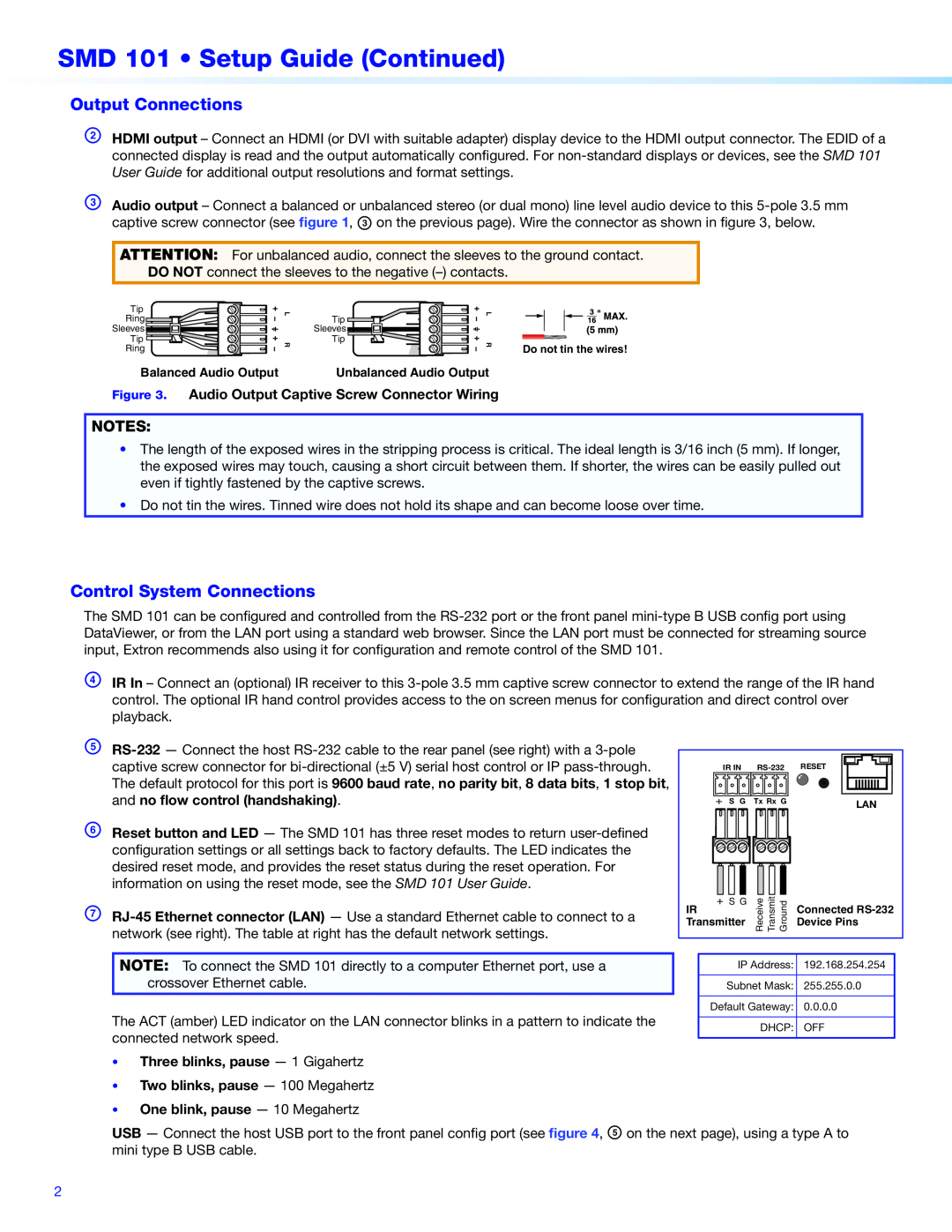 Extron electronic setup guide SMD 101 Setup Guide Continued, Output Connections, Control System Connections 