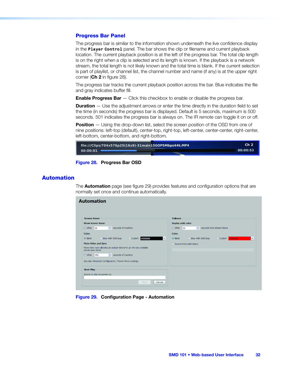 Extron electronic SMD 101 manual Progress Bar Panel, Progress Bar OSD, Configuration Page - Automation 