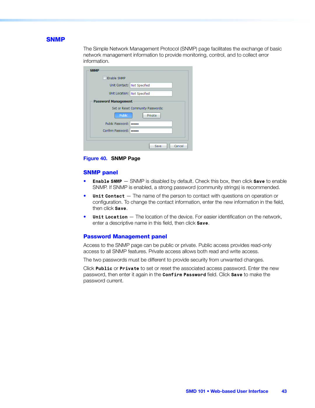 Extron electronic SMD 101 manual Snmp, SNMP panel, Password Management panel, SNMP Page 