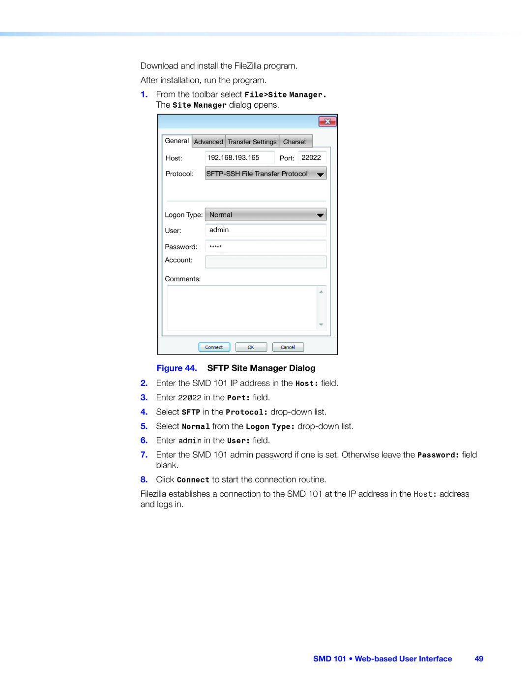 Extron electronic SMD 101 manual SFTP Site Manager Dialog 