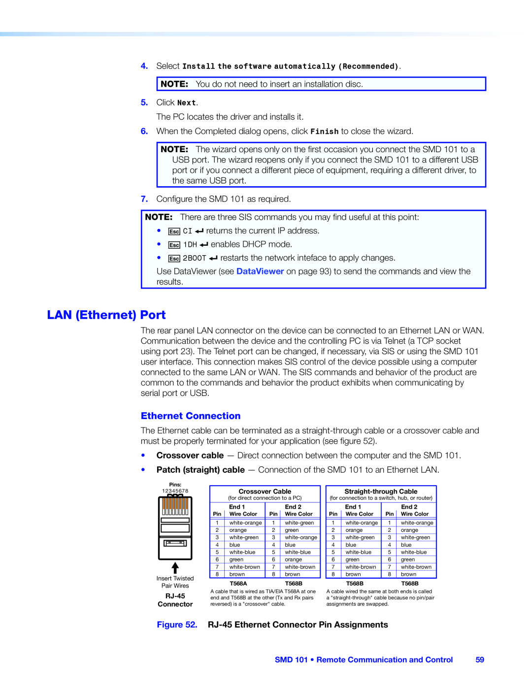 Extron electronic SMD 101 manual LAN Ethernet Port, Ethernet Connection, RJ-45 Ethernet Connector Pin Assignments 