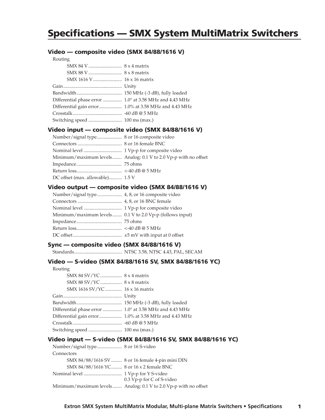 Extron electronic SMX System specifications Video composite video SMX 84/88/1616, Sync composite video SMX 84/88/1616 