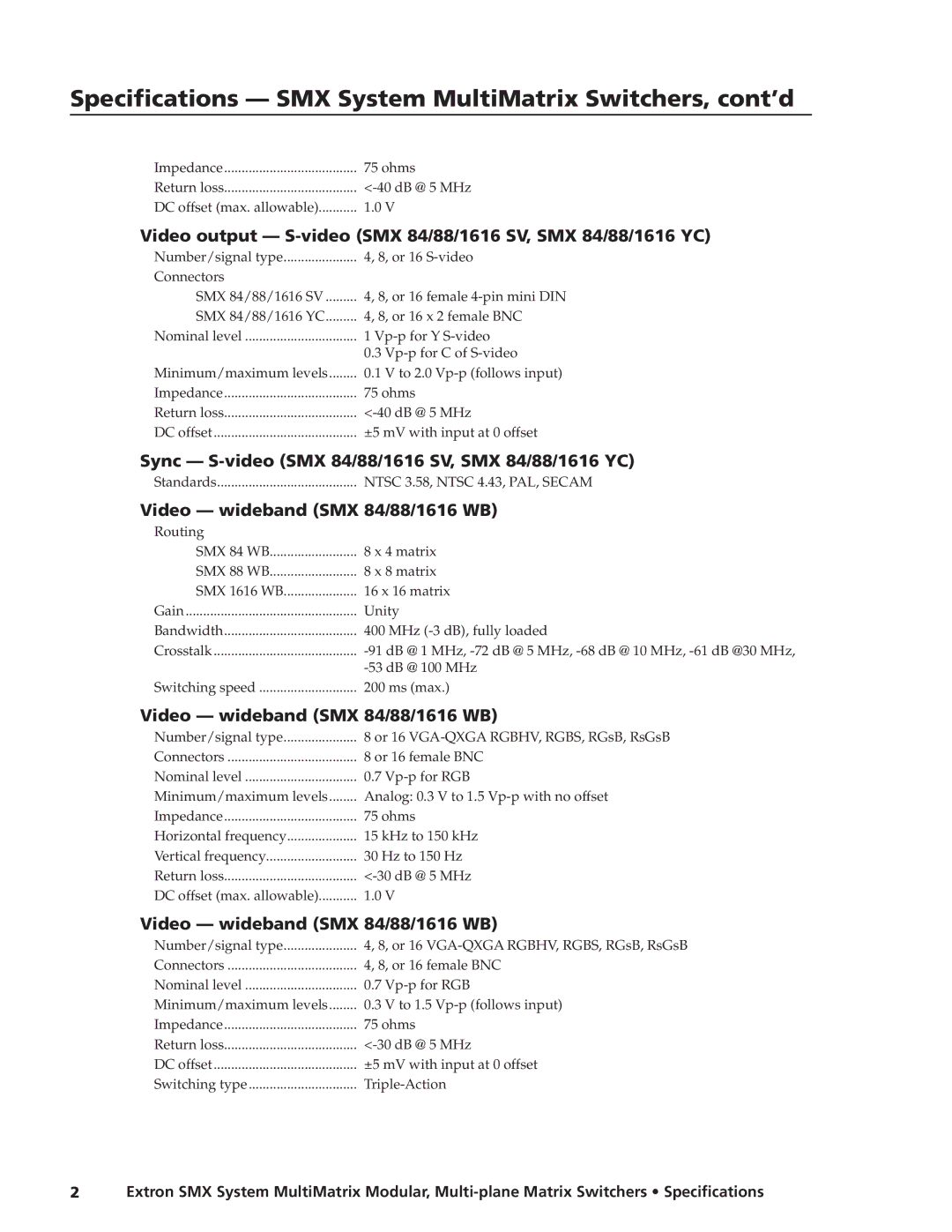 Extron electronic SMX System Video output S-video SMX 84/88/1616 SV, SMX 84/88/1616 YC, Video wideband SMX 84/88/1616 WB 