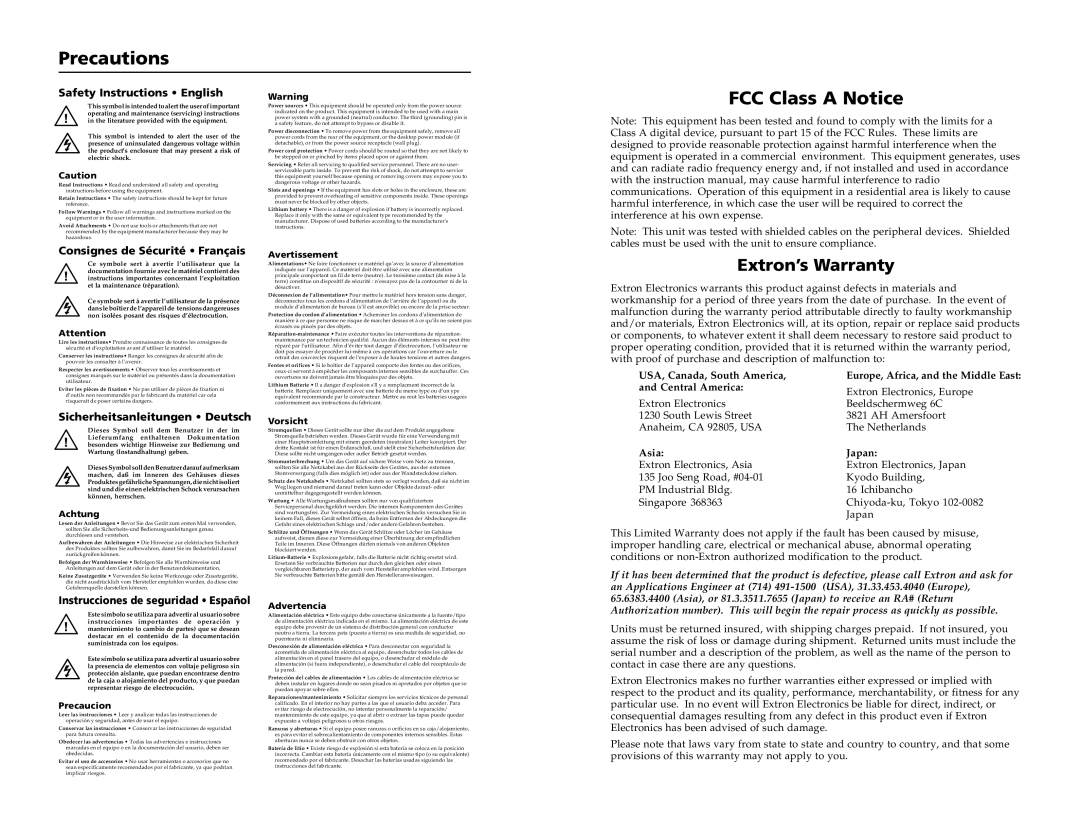 Extron electronic SPA 12 AAP manual Precautions, FCC Class a Notice, Extron’s Warranty 