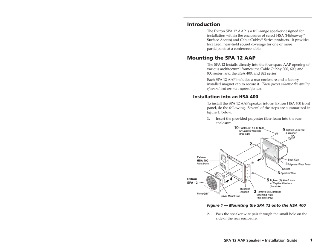 Extron electronic manual Introduction, Mounting the SPA 12 AAP, Installation into an HSA 