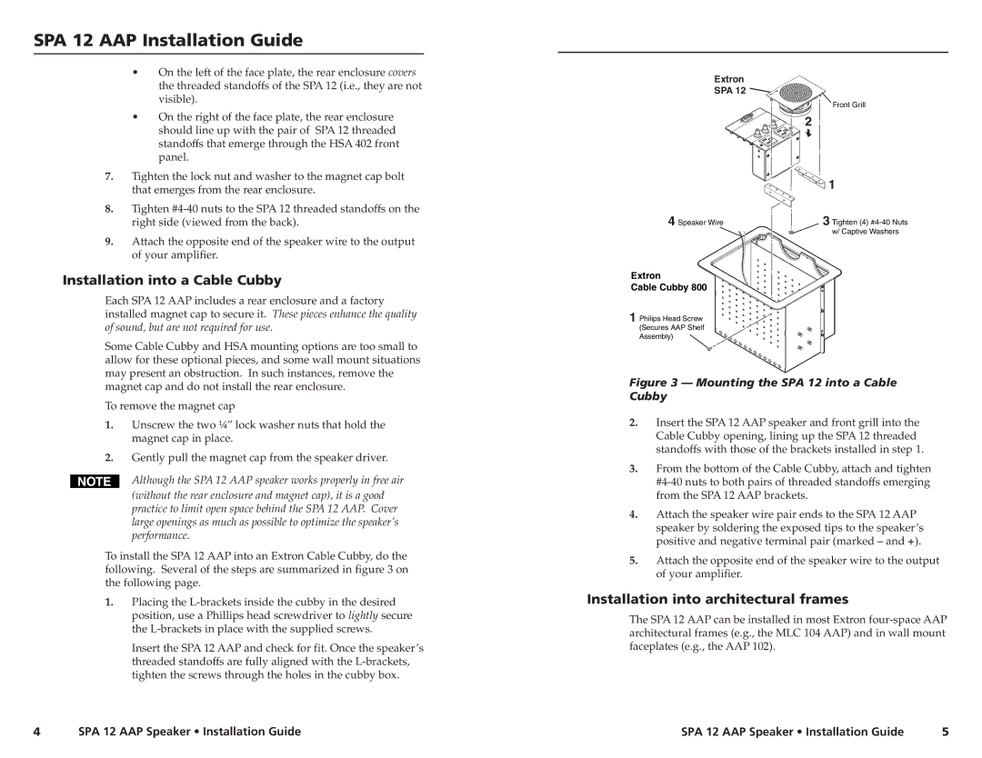 Extron electronic SPA 12 AAP manual Installation into a Cable Cubby, Installation into architectural frames 