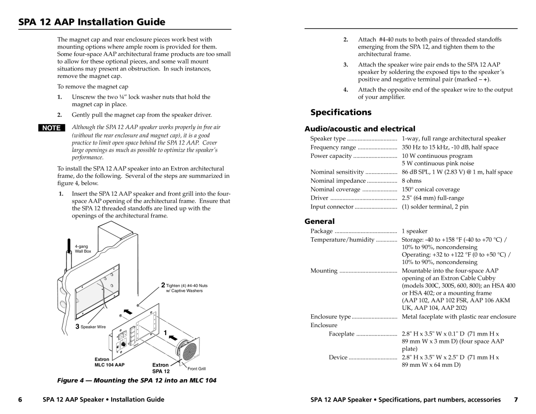 Extron electronic SPA 12 AAP manual Specifications, Audio/acoustic and electrical, General 