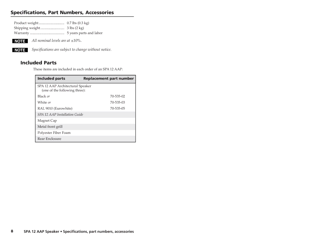 Extron electronic SPA 12 AAP manual Specifications, Part Numbers, Accessories, Included Parts 