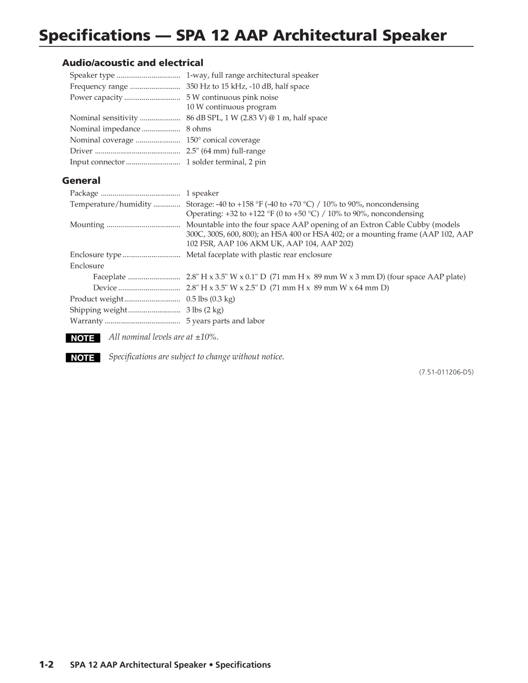 Extron electronic specifications Specifications SPA 12 AAP Architectural Speaker, Audio/acoustic and electrical 