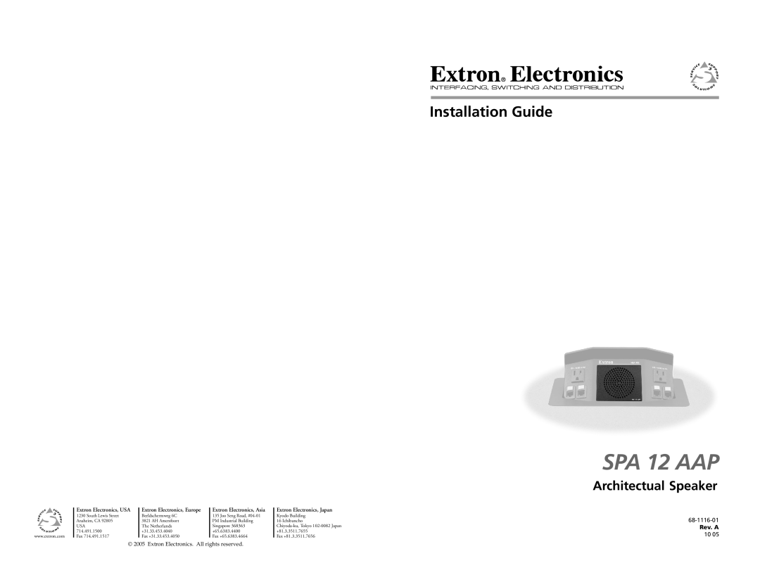 Extron electronic SPA 12 AAP manual Architectual Speaker, Installation Guide, Extron Electronics, USA, 68-1116-01, Rev. A 