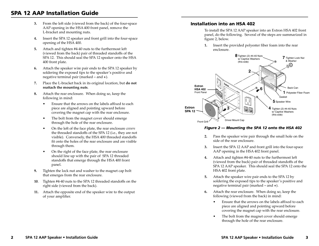 Extron electronic manual SPA 12 AAP Installation Guide, Mounting the SPA 12 onto the HSA, Installation into an HSA 