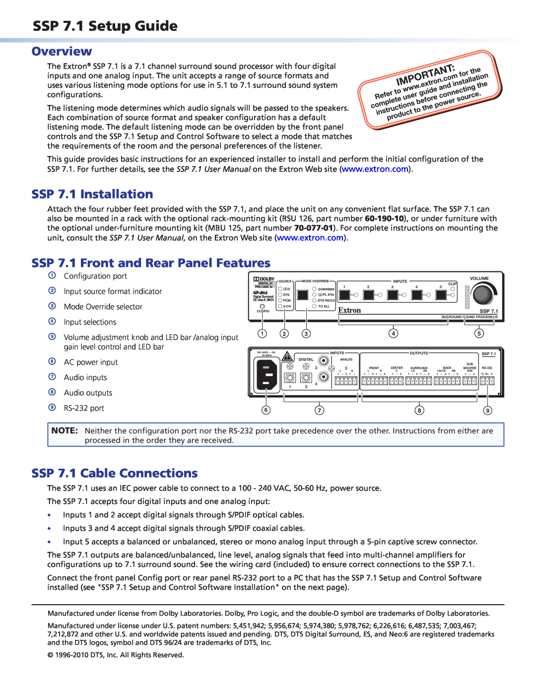 Extron electronic setup guide SSP 7.1 Setup Guide, Overview, SSP 7.1 Installation, SSP 7.1 Cable Connections 