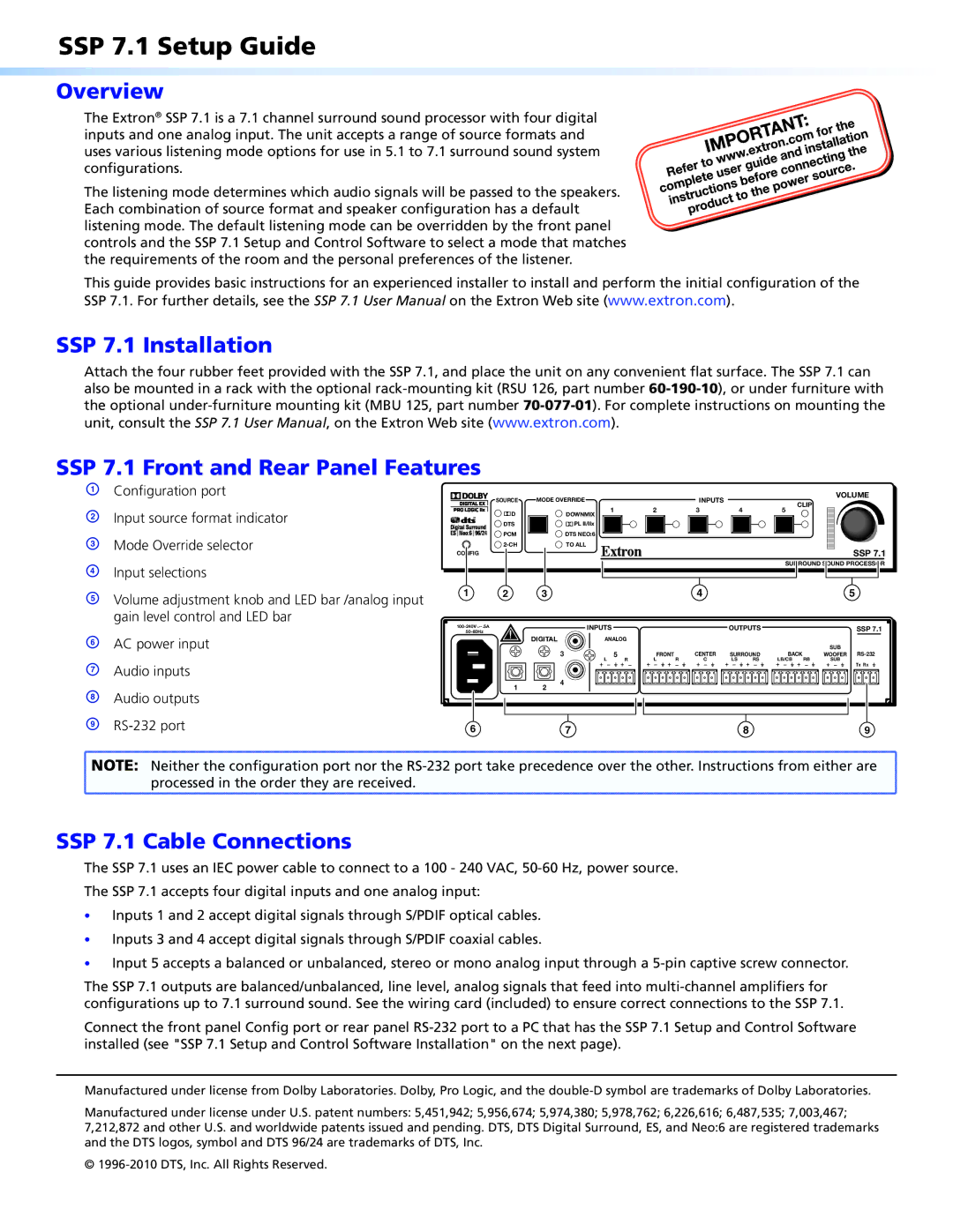 Extron electronic setup guide SSP 7.1 Setup Guide, Overview, SSP 7.1 Installation SSP 7.1 Front and Rear Panel Features 