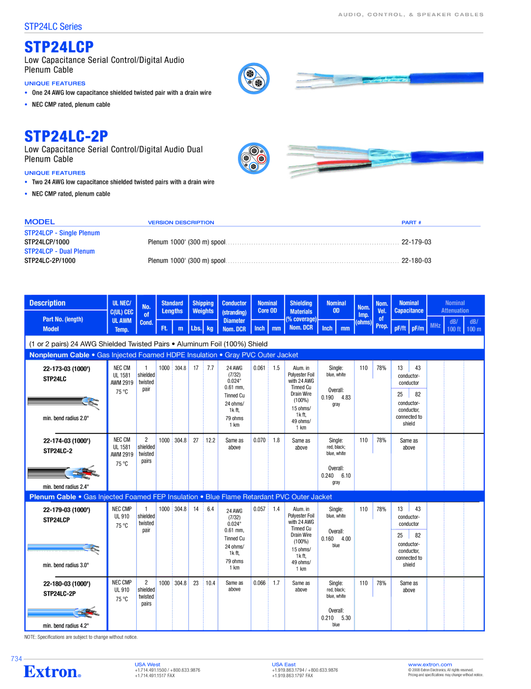 Extron electronic specifications STP24LC-2P, STP24LCP Single Plenum, STP24LCP Dual Plenum, 734 