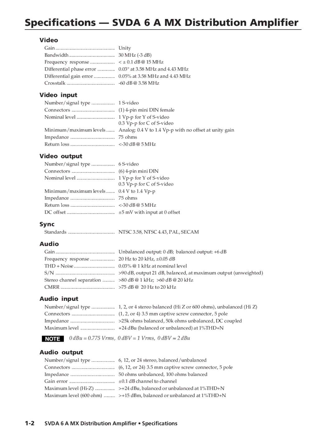 Extron electronic SVDA 6 A MX specifications Specifications Svda 6 a MX Distribution Amplifier 