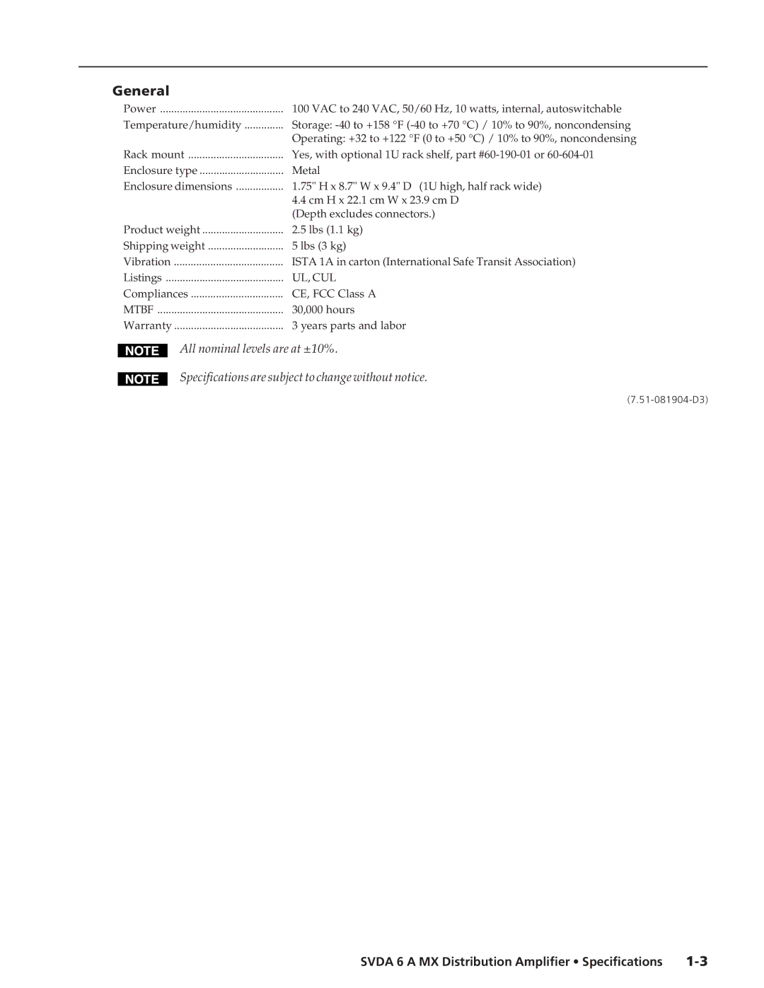 Extron electronic SVDA 6 A MX specifications General 