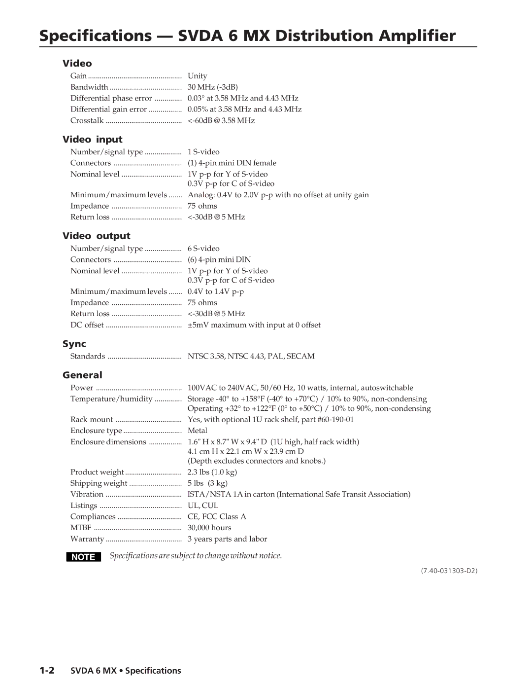 Extron electronic SVDA 6 MX specifications Specifications Svda 6 MX Distribution Amplifier 