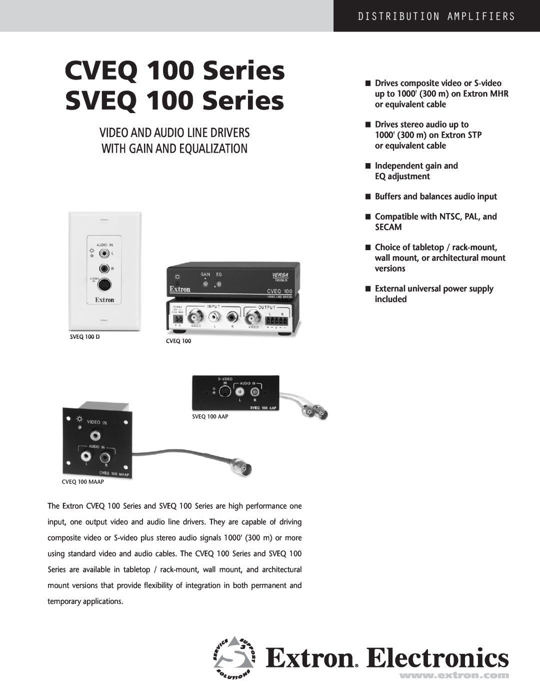 Extron electronic CVEQ 100 MAAP, SVEQ 100 AAP, SVEQ 100 D manual CVEQ 100 Series SVEQ 100 Series, Distribution Amplifiers 