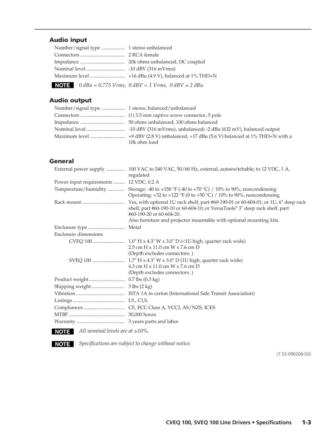 Extron electronic SVEQ 100, CVEQ 100 specifications Audio input, Audio output, General, Ul, Cul 