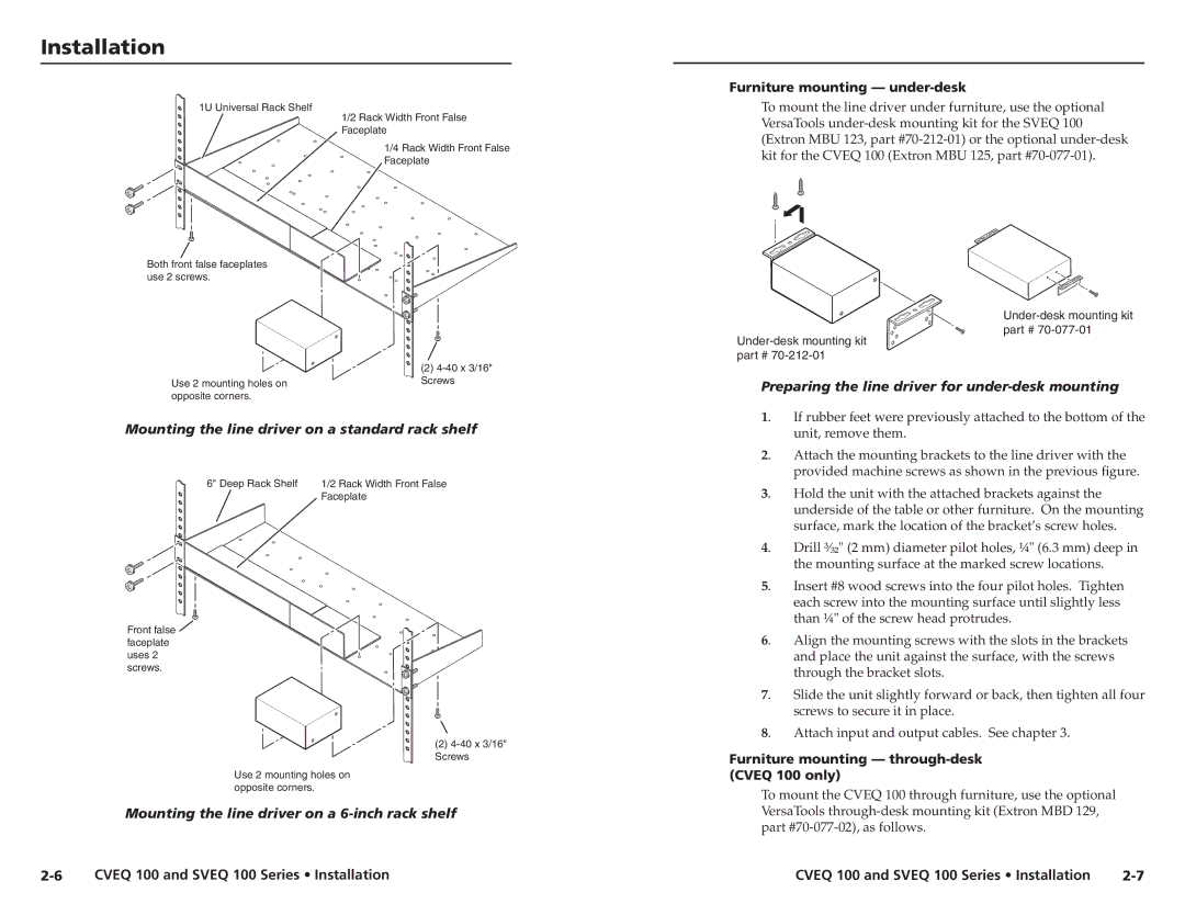 Extron electronic SVEQ 100 Series, A-4, A-2 Furniture mounting under-desk, Furniture mounting through-desk Cveq 100 only 