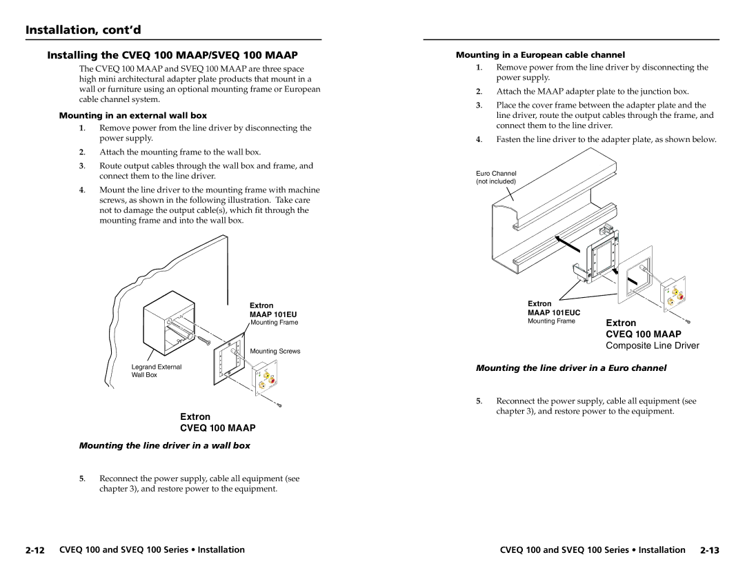Extron electronic A-2, SVEQ 100 Series, A-4 Installing the Cveq 100 MAAP/SVEQ 100 Maap, Mounting in an external wall box 