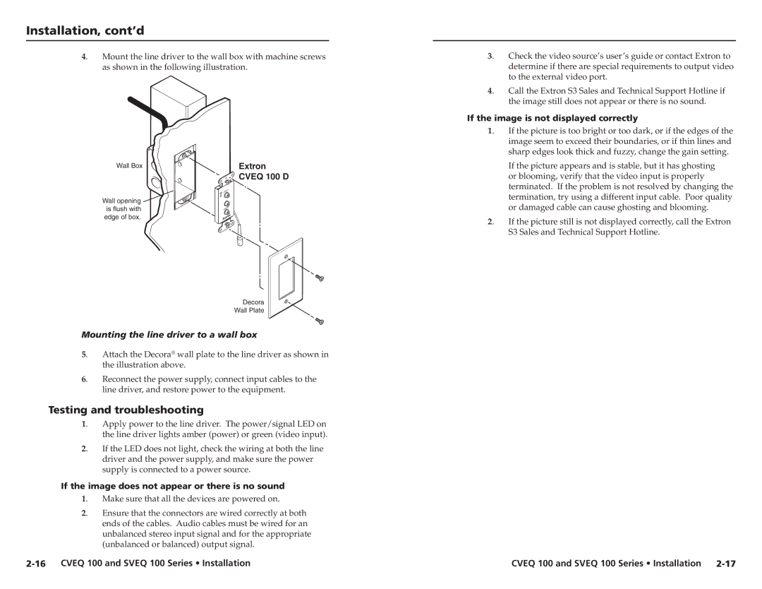 Extron electronic SVEQ 100 Series, CVEQ 100 Series Testing and troubleshooting, If the image is not displayed correctly 
