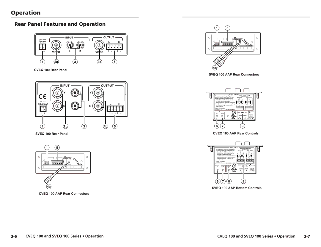 Extron electronic A-3, SVEQ 100 Series Rear Panel Features and Operation, Cveq 100 Rear Panel Sveq 100 AAP Rear Connectors 