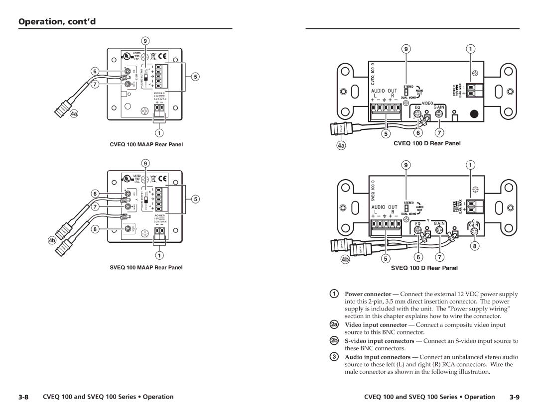 Extron electronic SVEQ 100 Series, CVEQ 100 Series, A-4, A-2, A-3 user manual Operation, cont’d, Sveq 100 D Rear Panel 