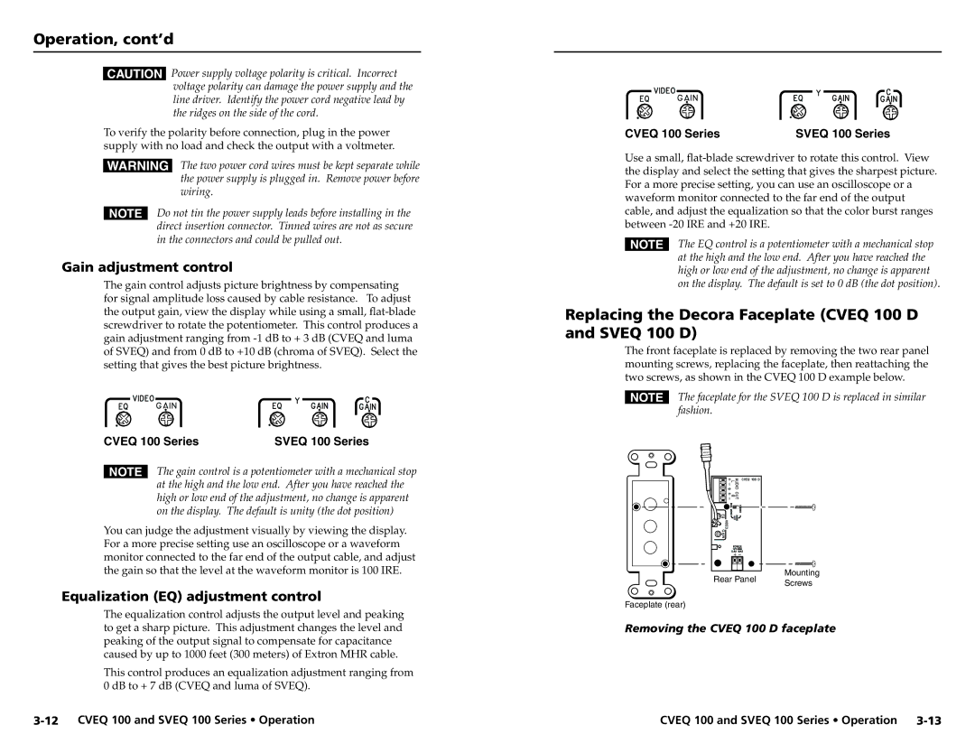 Extron electronic A-4, SVEQ 100 Series Replacing the Decora Faceplate Cveq 100 D and Sveq 100 D, Gain adjustment control 