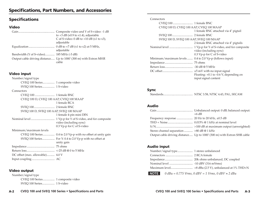 Extron electronic A-3, SVEQ 100 Series, CVEQ 100 Series, A-4, A-2 user manual Specifications, Part Numbers, and Accessories 