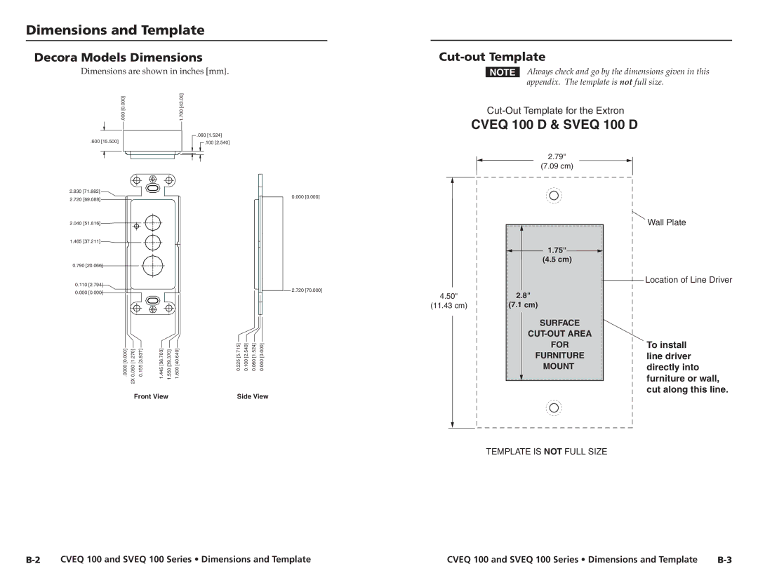 Extron electronic SVEQ 100 Series, CVEQ 100 Series, A-4 Dimensions and Template, Decora Models Dimensions, Cut-out Template 